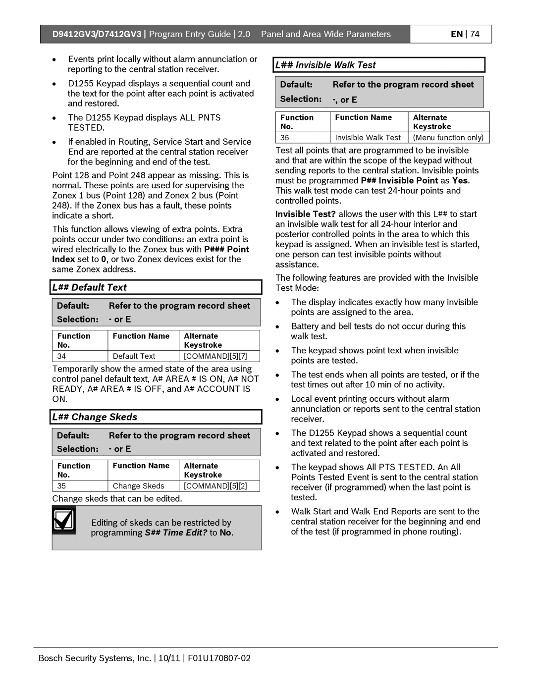 Bosch Appliances D9412GV3 manual ## Default Text, ## Change Skeds, ## Invisible Walk Test 