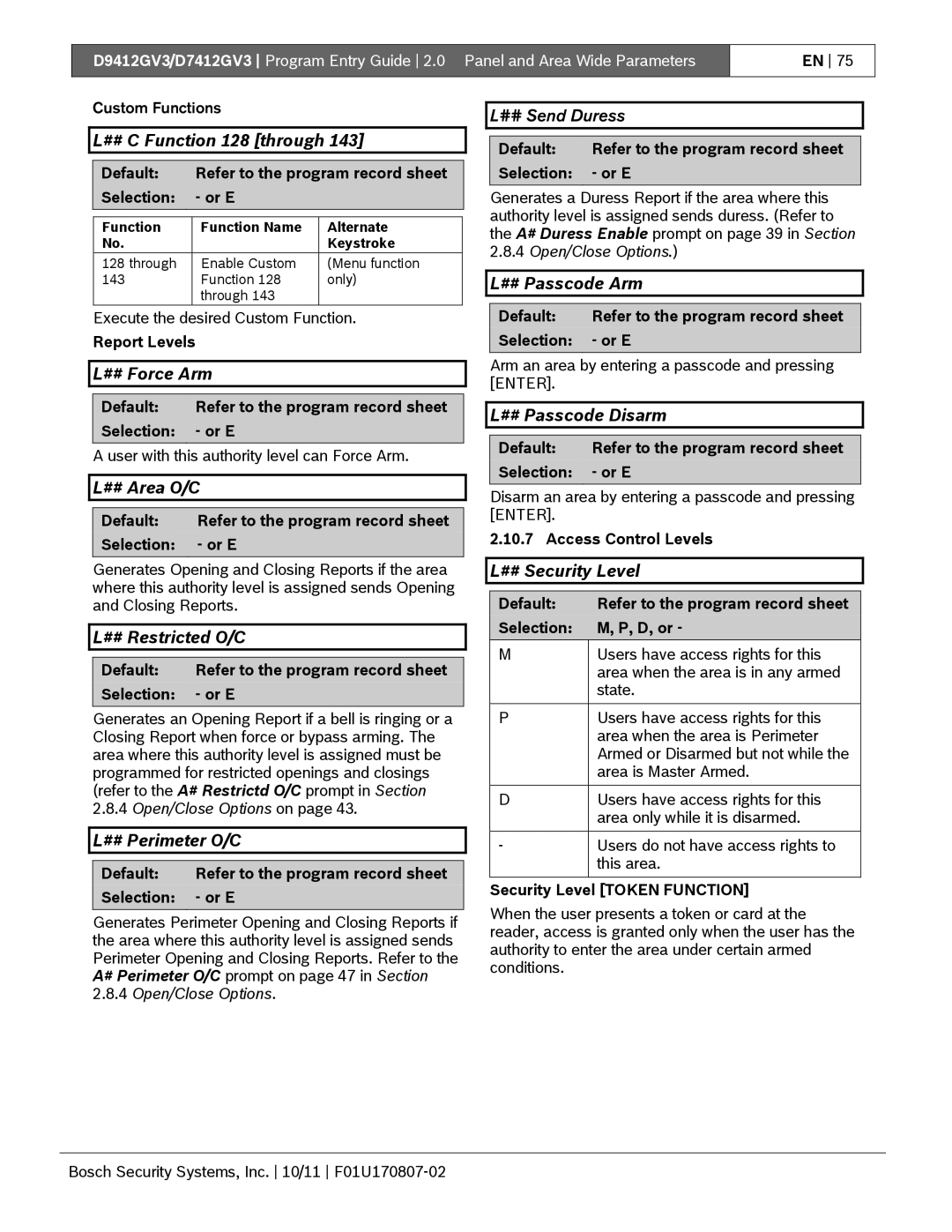 Bosch Appliances D9412GV3 manual ## C Function 128 through, ## Force Arm, ## Passcode Arm, ## Area O/C, ## Restricted O/C 