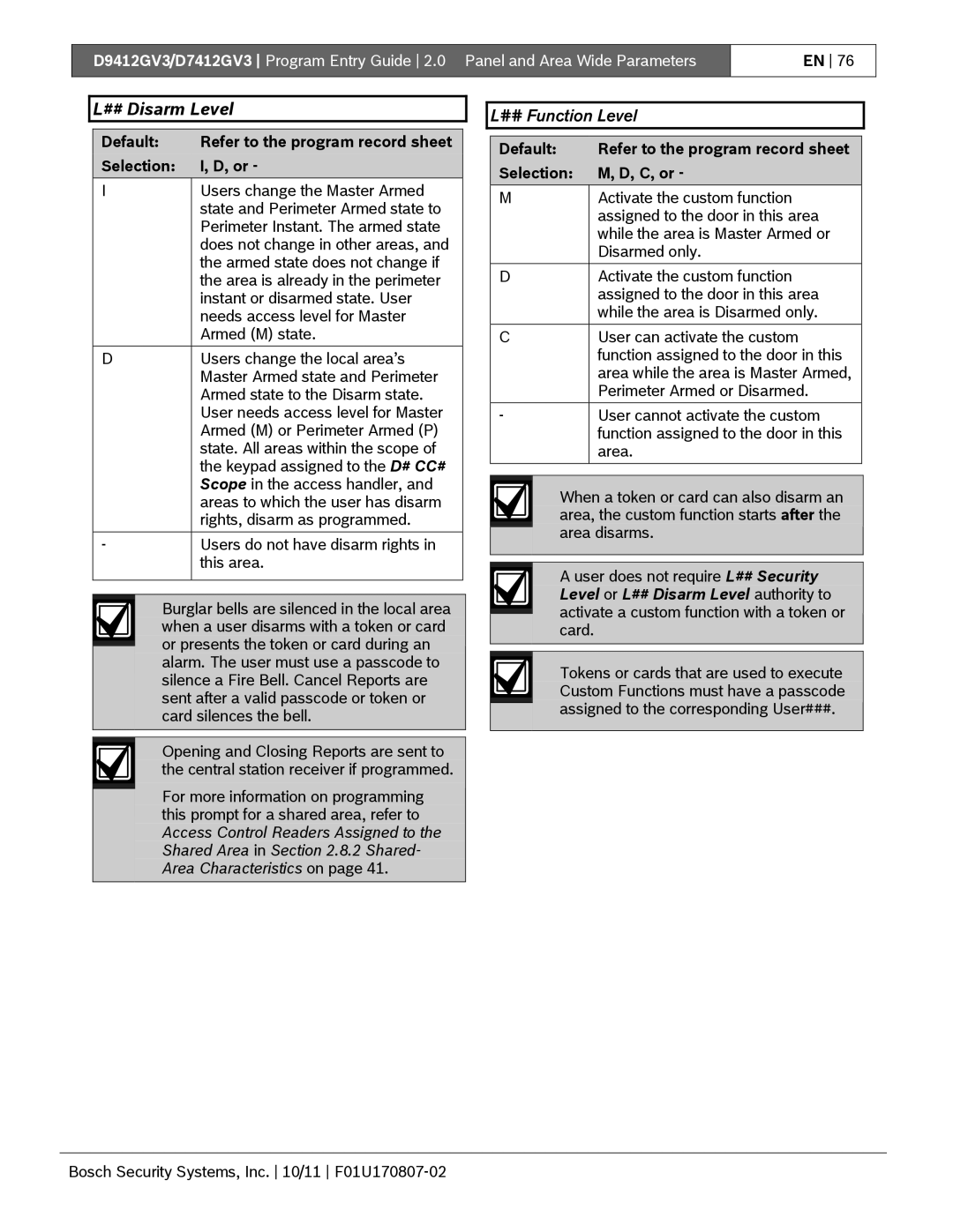 Bosch Appliances D9412GV3 ## Disarm Level, ## Function Level, Default Refer to the program record sheet Selection C, or 