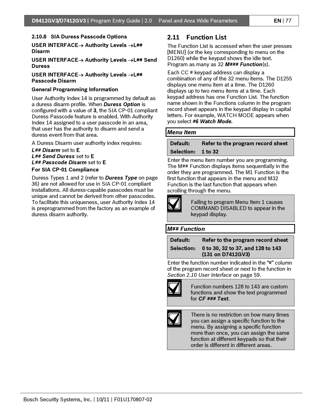 Bosch Appliances D9412GV3 manual Function List, Menu Item, ## Function 