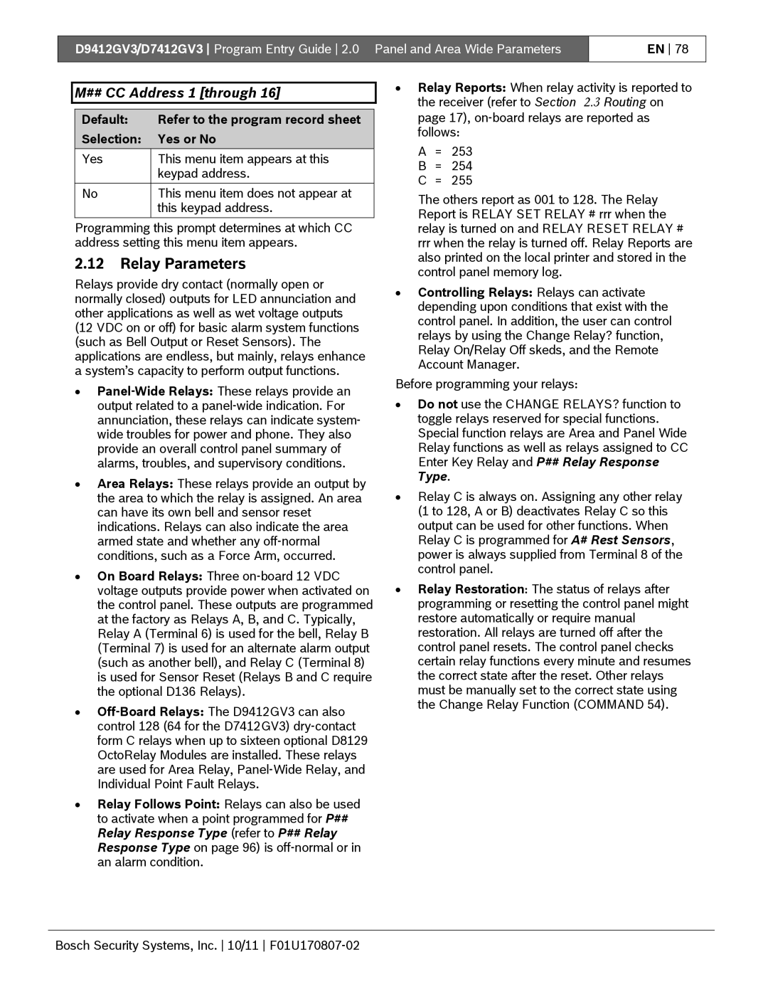 Bosch Appliances D9412GV3 manual Relay Parameters, ## CC Address 1 through 