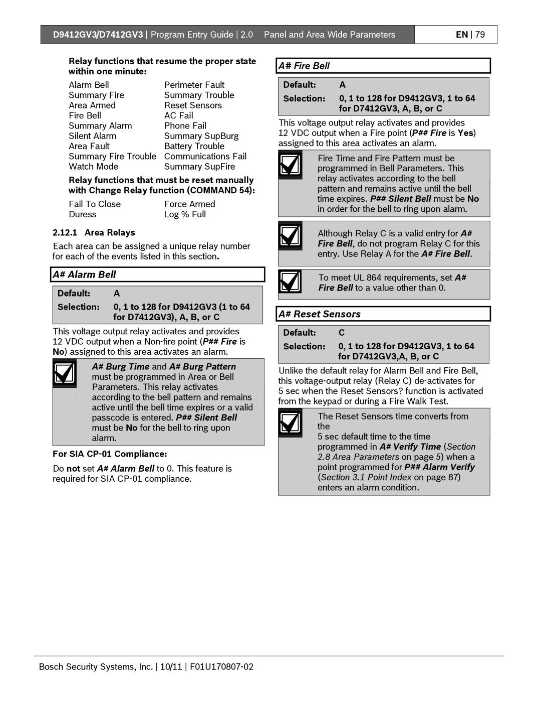 Bosch Appliances D9412GV3 manual # Alarm Bell, # Fire Bell, # Reset Sensors, Area Relays 