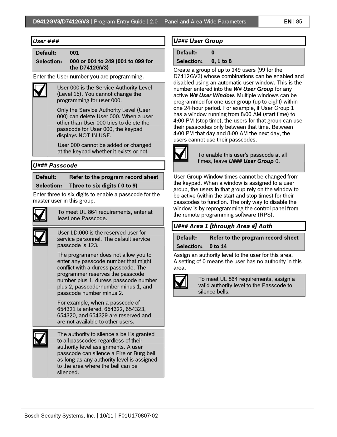 Bosch Appliances D9412GV3 manual User ###, ### Passcode, ### User Group, ### Area 1 through Area # Auth 