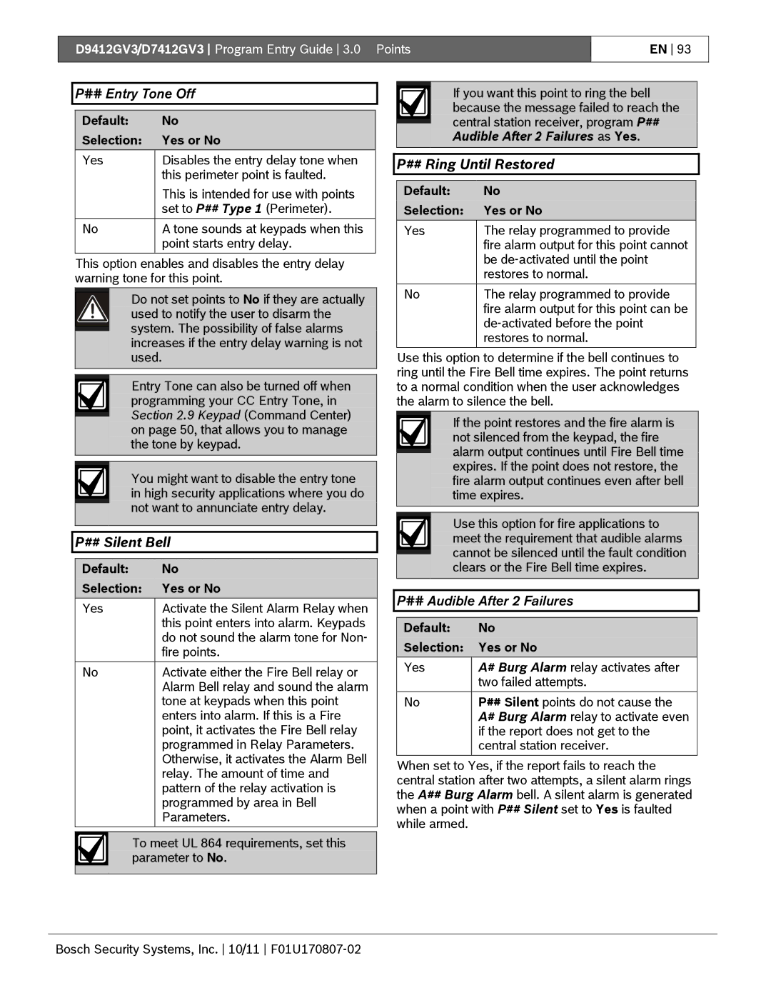 Bosch Appliances D9412GV3 manual ## Entry Tone Off, ## Silent Bell, ## Ring Until Restored, ## Audible After 2 Failures 