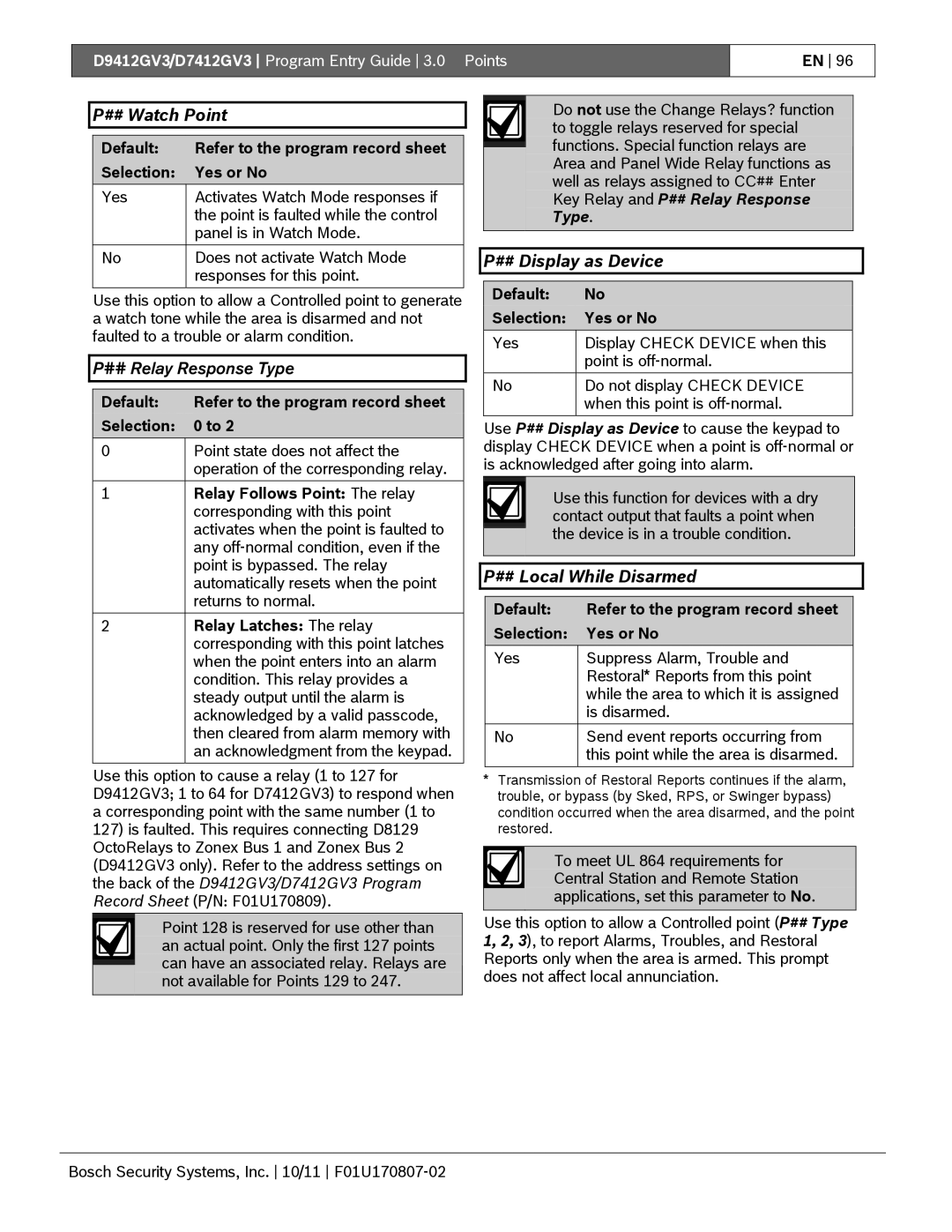 Bosch Appliances D9412GV3 manual ## Watch Point, ## Relay Response Type, ## Display as Device, ## Local While Disarmed 