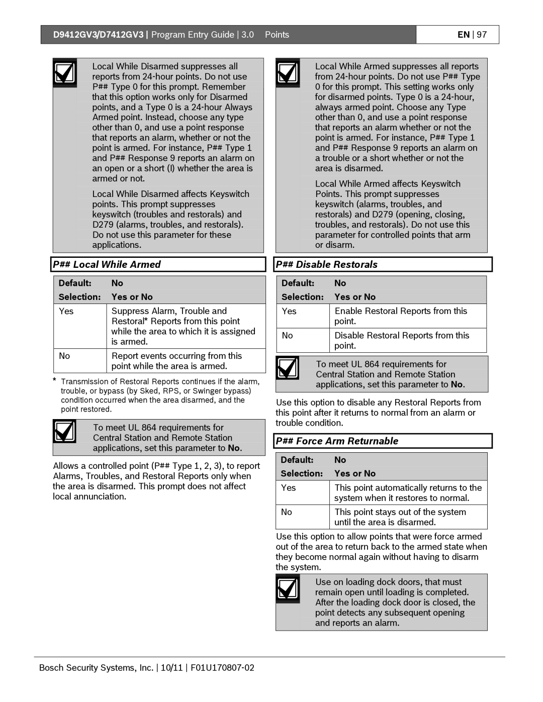 Bosch Appliances D9412GV3 manual ## Local While Armed, ## Disable Restorals, ## Force Arm Returnable 