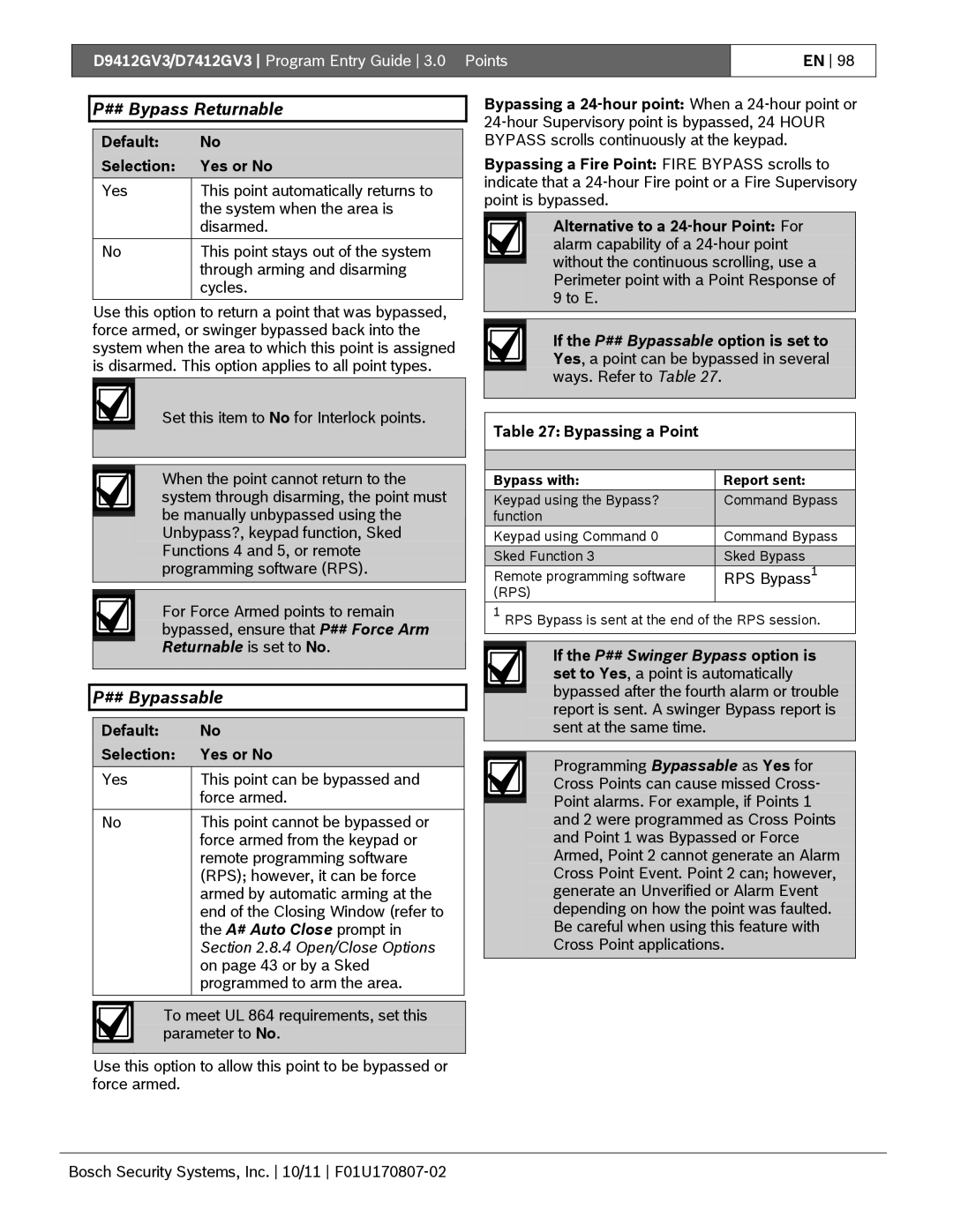 Bosch Appliances D9412GV3 manual ## Bypass Returnable, ## Bypassable, A# Auto Close prompt 