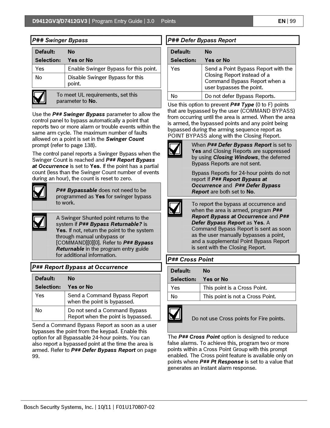 Bosch Appliances D9412GV3 manual ## Swinger Bypass, ## Report Bypass at Occurrence, ## Defer Bypass Report, ## Cross Point 