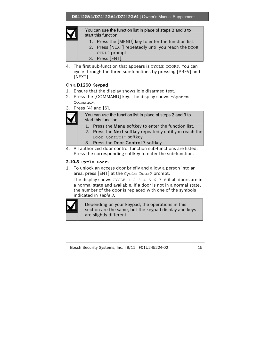 Bosch Appliances D9412GV4, D7412GV4, D7212GV4 owner manual Door Control? softkey, Cycle Door? 