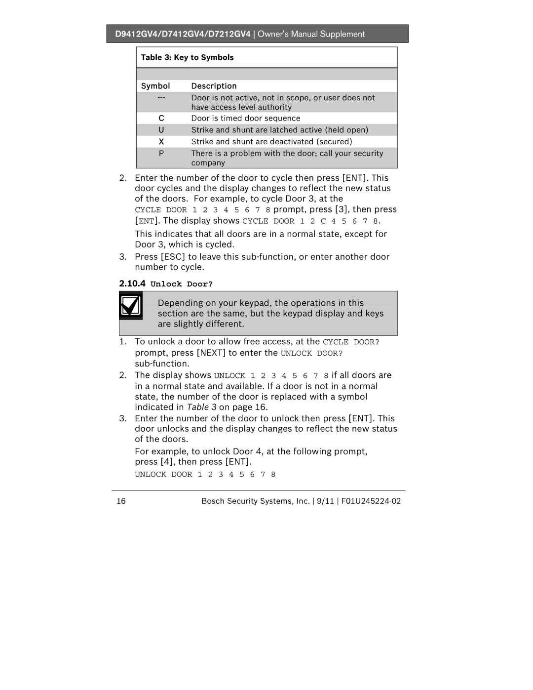 Bosch Appliances D7412GV4, D9412GV4, D7212GV4 owner manual Unlock Door?, Key to Symbols Symbol Description 