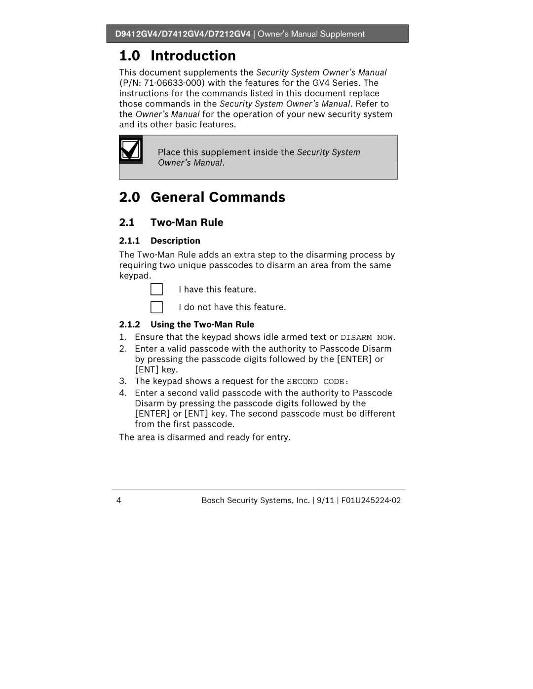 Bosch Appliances D7412GV4, D9412GV4, D7212GV4 owner manual Description, Using the Two-Man Rule 