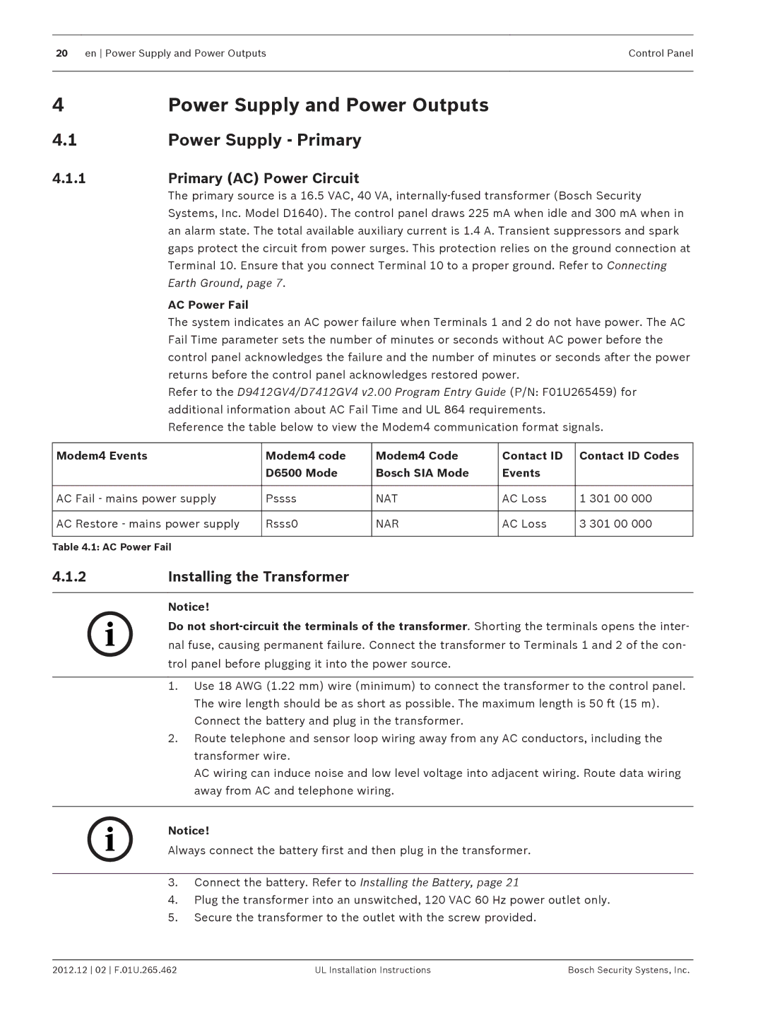 Bosch Appliances D9412GV4 Power Supply and Power Outputs, Power Supply Primary, Primary AC Power Circuit 