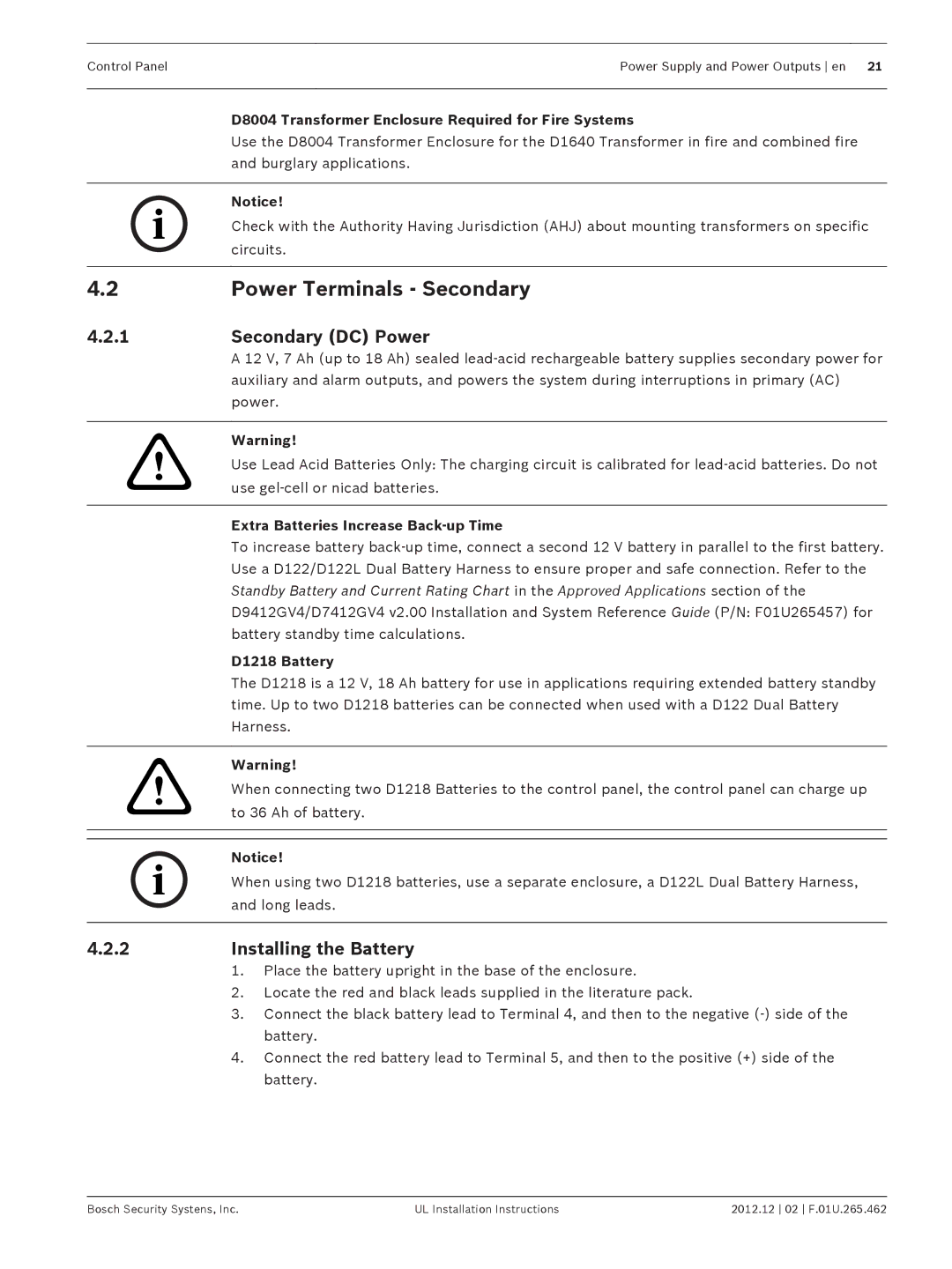 Bosch Appliances D9412GV4 installation instructions Power Terminals Secondary, Secondary DC Power, Installing the Battery 