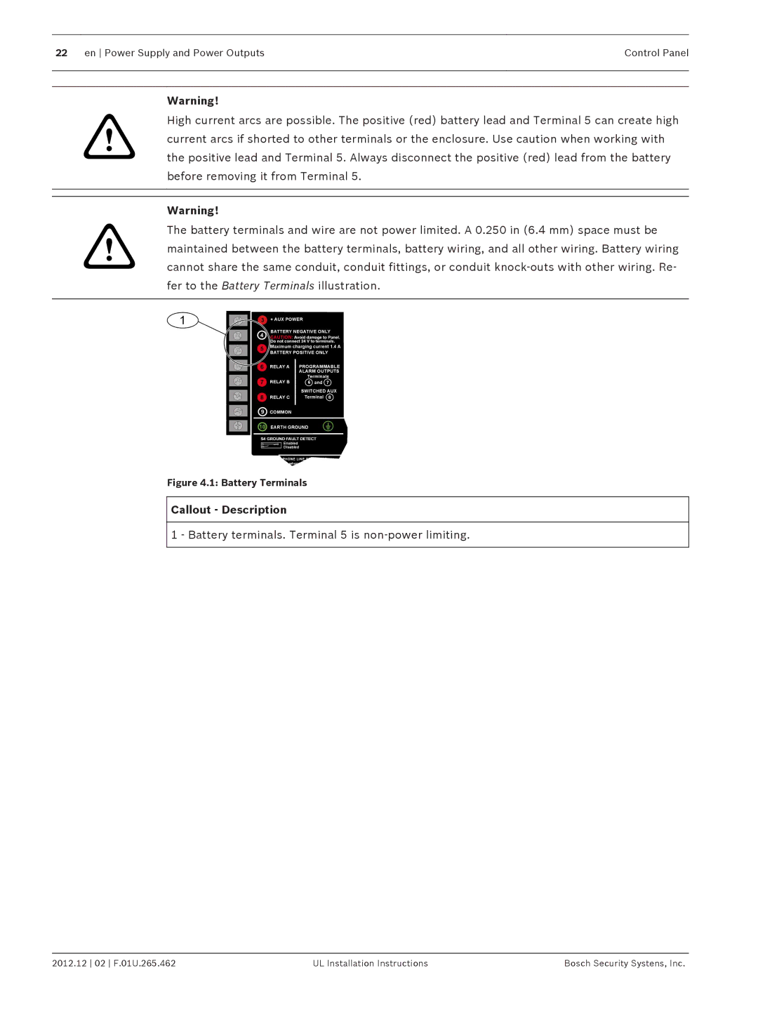 Bosch Appliances D9412GV4 installation instructions Battery terminals. Terminal 5 is non-power limiting, Battery Terminals 