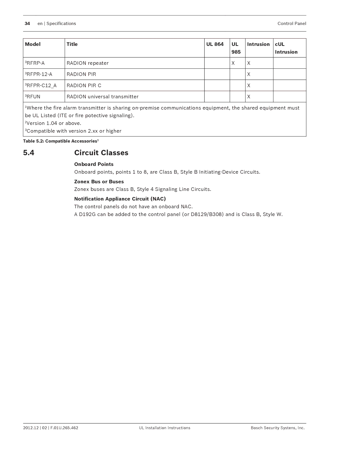 Bosch Appliances D9412GV4 4Circuit Classes, Onboard Points, Zonex Bus or Buses, Notification Appliance Circuit NAC 