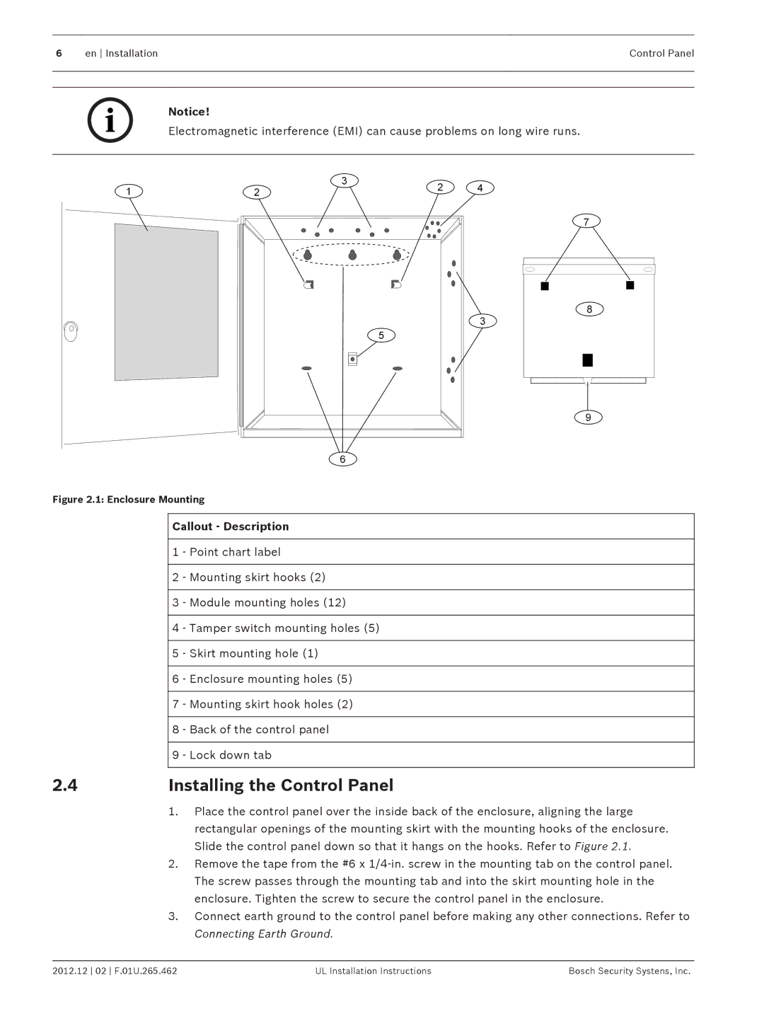 Bosch Appliances D9412GV4 installation instructions Installing the Control Panel, Callout Description 