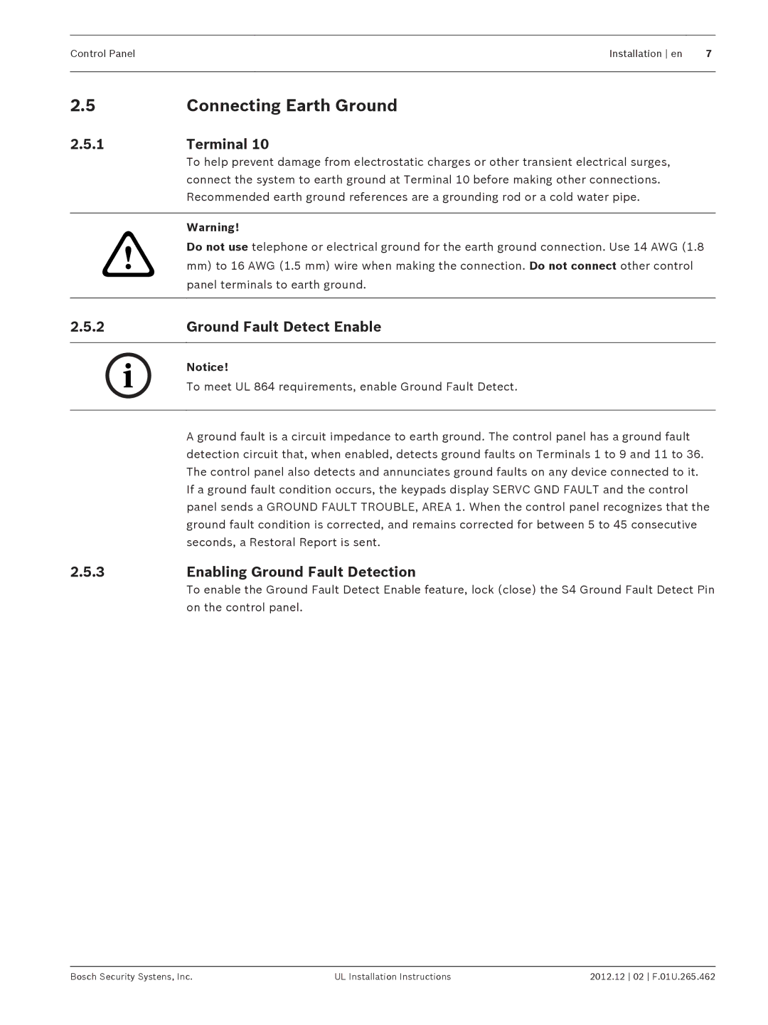 Bosch Appliances D9412GV4 Connecting Earth Ground, Terminal, Ground Fault Detect Enable, Enabling Ground Fault Detection 