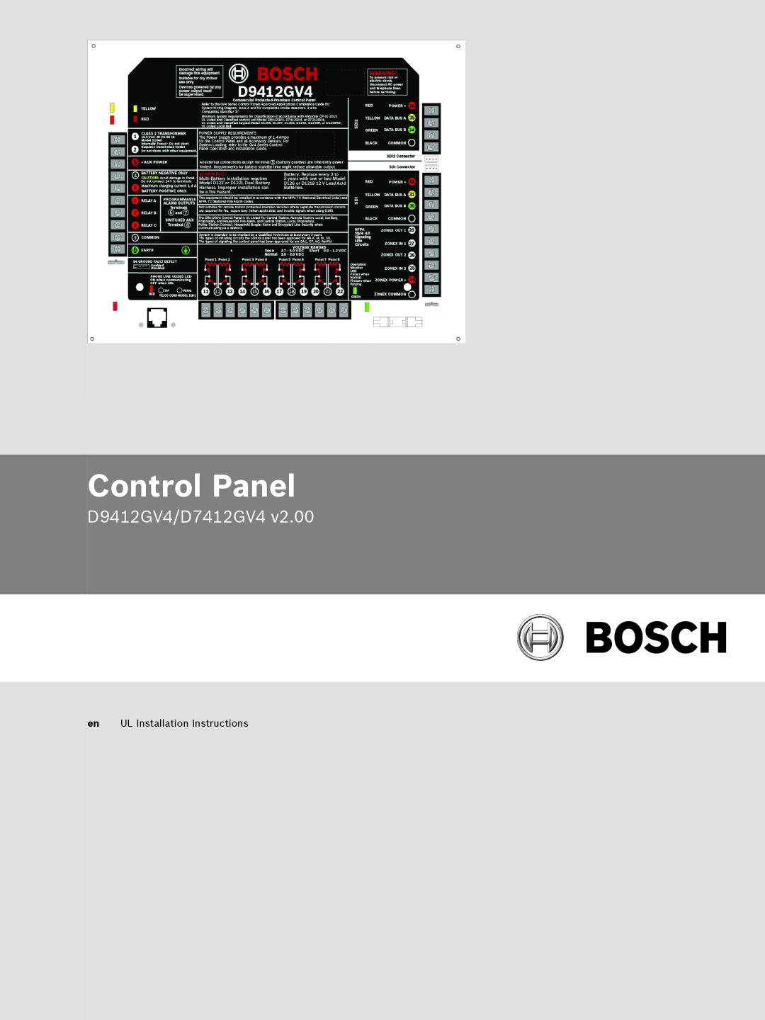Bosch Appliances installation instructions Control Panel, D9412GV4/D7412GV4, en UL Installation Instructions 