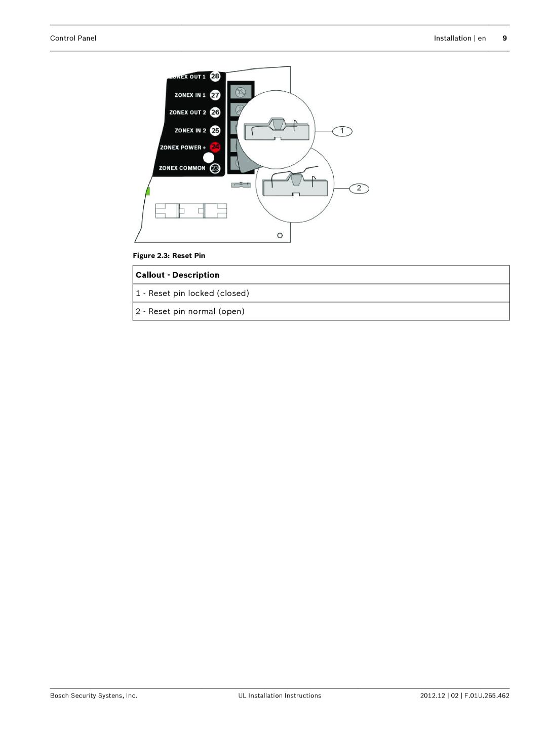 Bosch Appliances D9412GV4 Control Panel, Installation en, 3 Reset Pin, Bosch Security Systens, Inc 