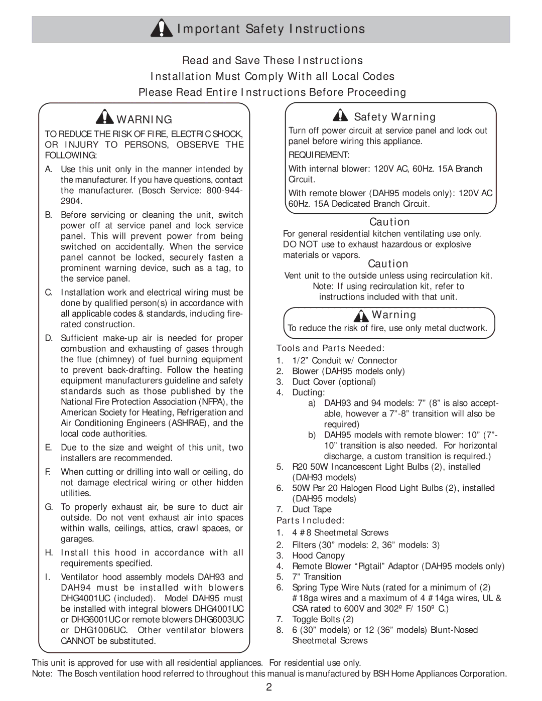 Bosch Appliances DAH94, DAH95, DAH93 Important Safety Instructions, Read and Save These Instructions, Safety Warning 