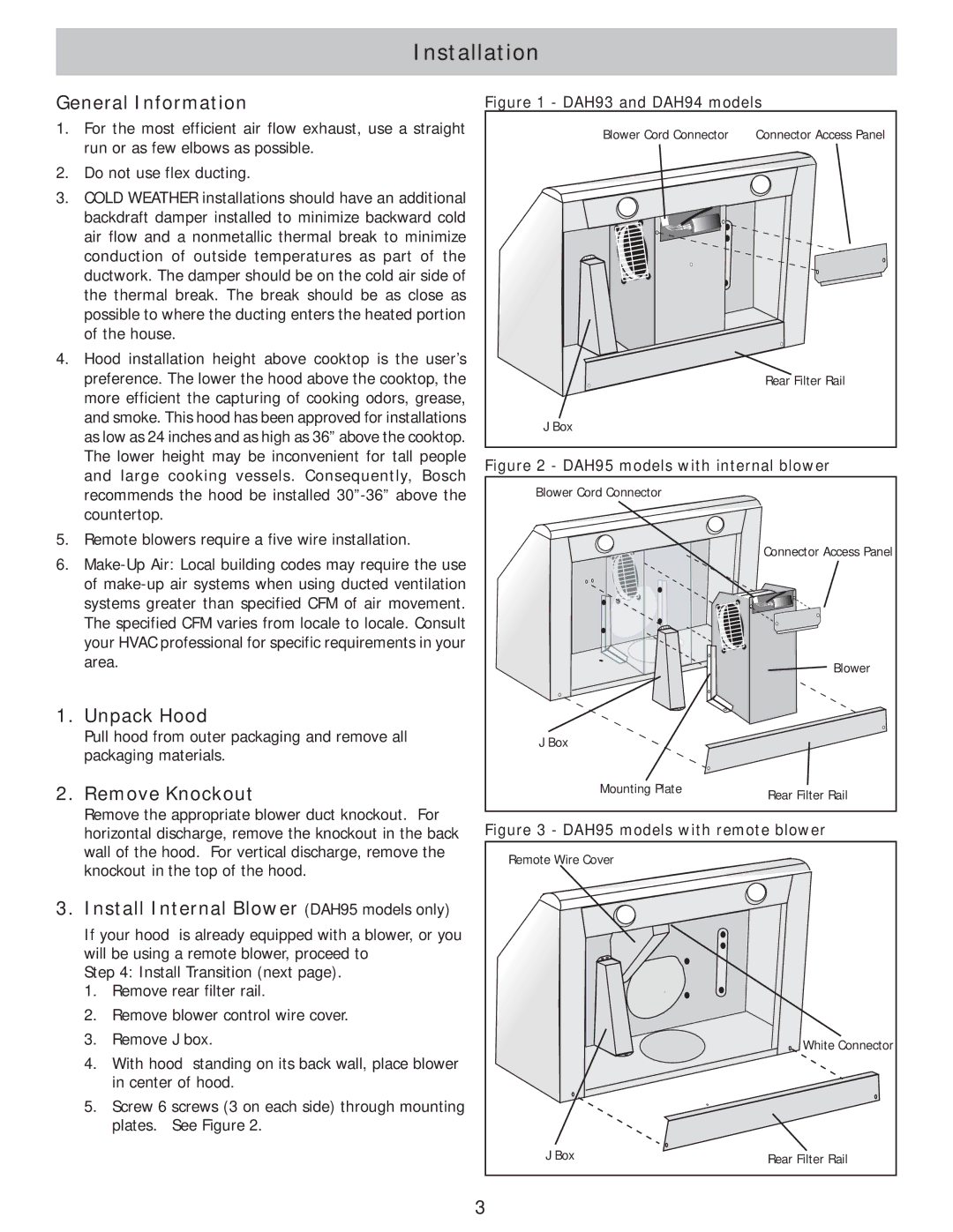 Bosch Appliances DAH93, DAH94, DAH95 Installation, General Information, Unpack Hood, Remove Knockout 