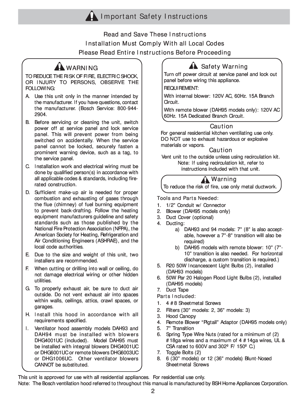 Bosch Appliances DAH94, DAH95, DAH93 Important Safety Instructions, Read and Save These Instructions, Safety Warning 