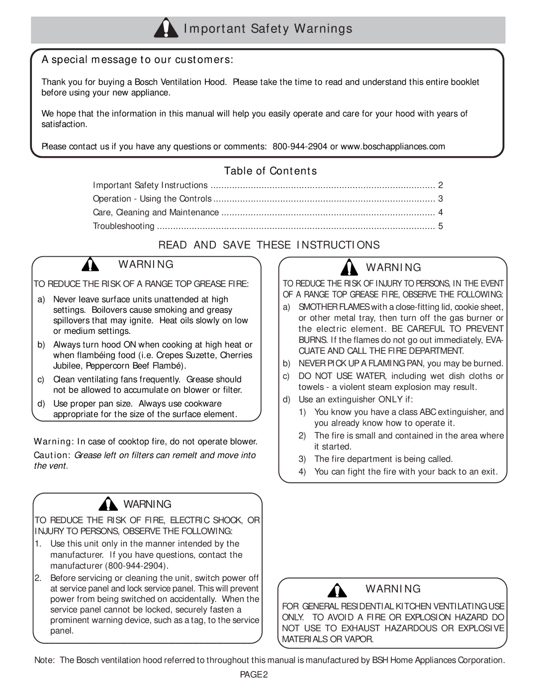 Bosch Appliances DAH95, DAH94 manual Important Safety Warnings, Special message to our customers 