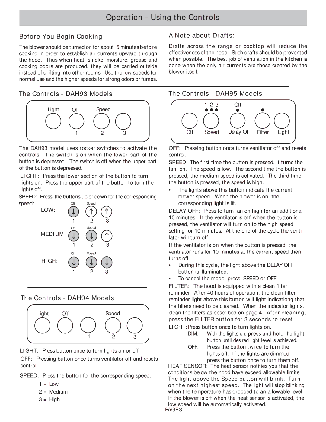 Bosch Appliances DAH94 manual Operation Using the Controls, Before You Begin Cooking, Controls DAH95 Models 