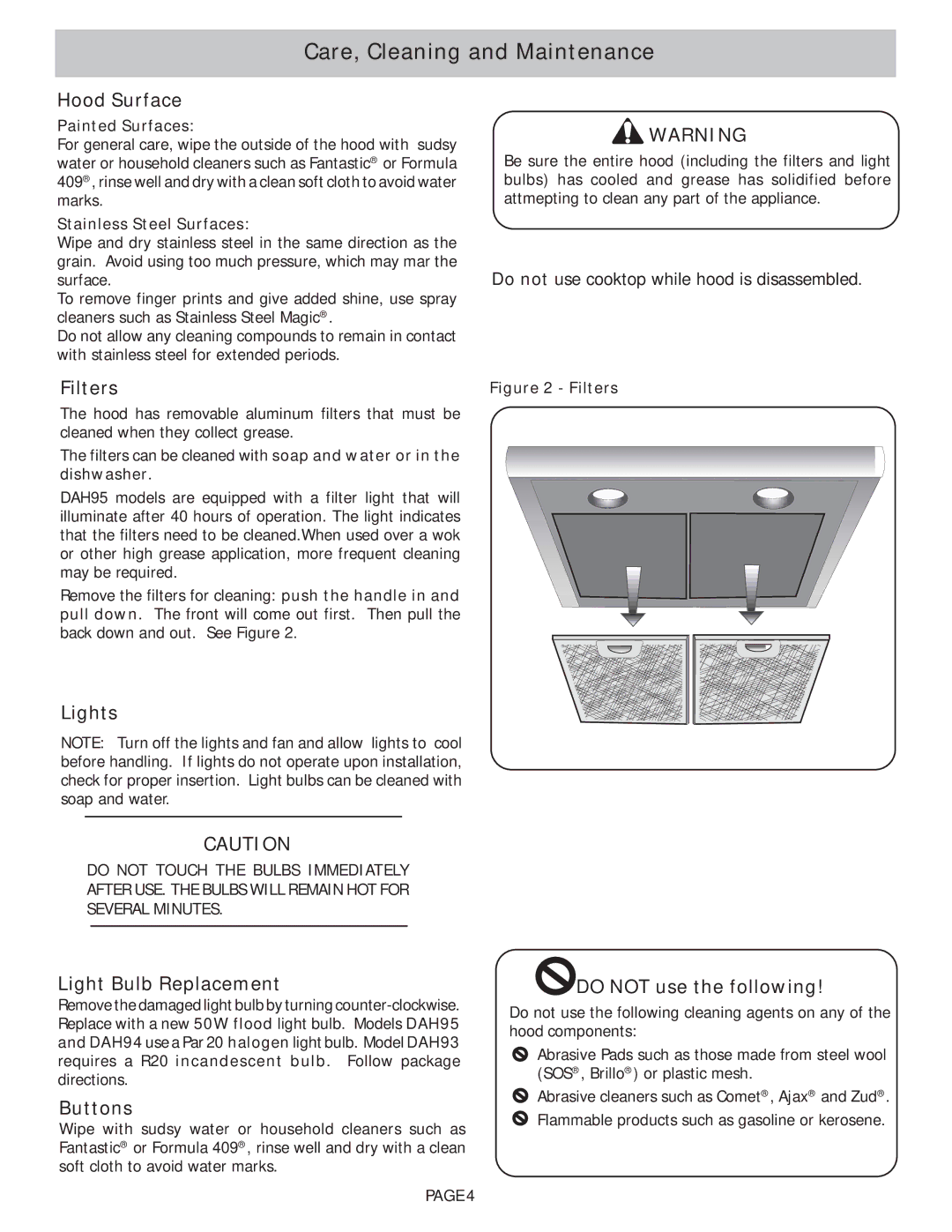 Bosch Appliances DAH95, DAH94 manual Care, Cleaning and Maintenance 