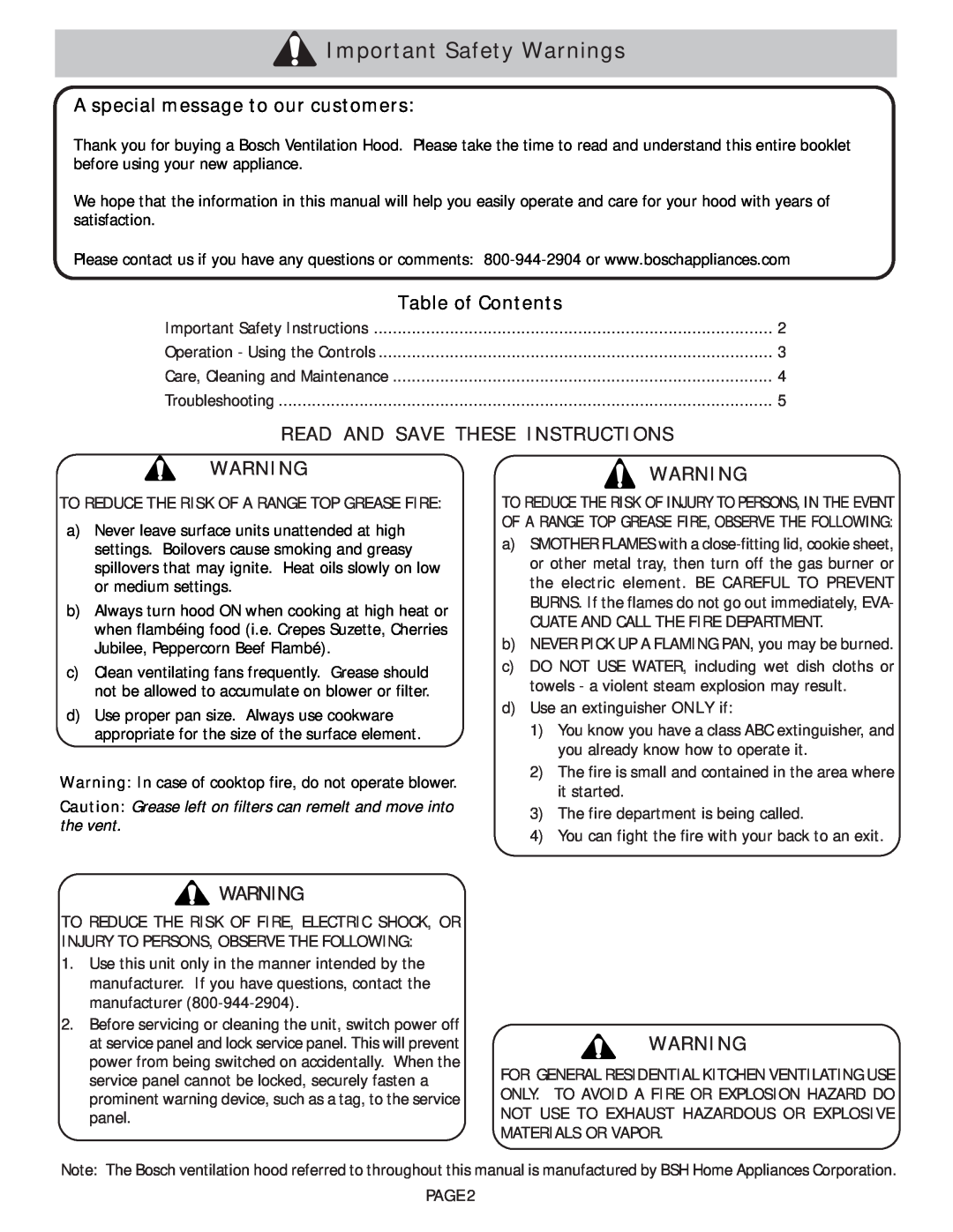 Bosch Appliances DAH95, DAH94 manual Important Safety Warnings, Read And Save These Instructions, Table of Contents, Page 