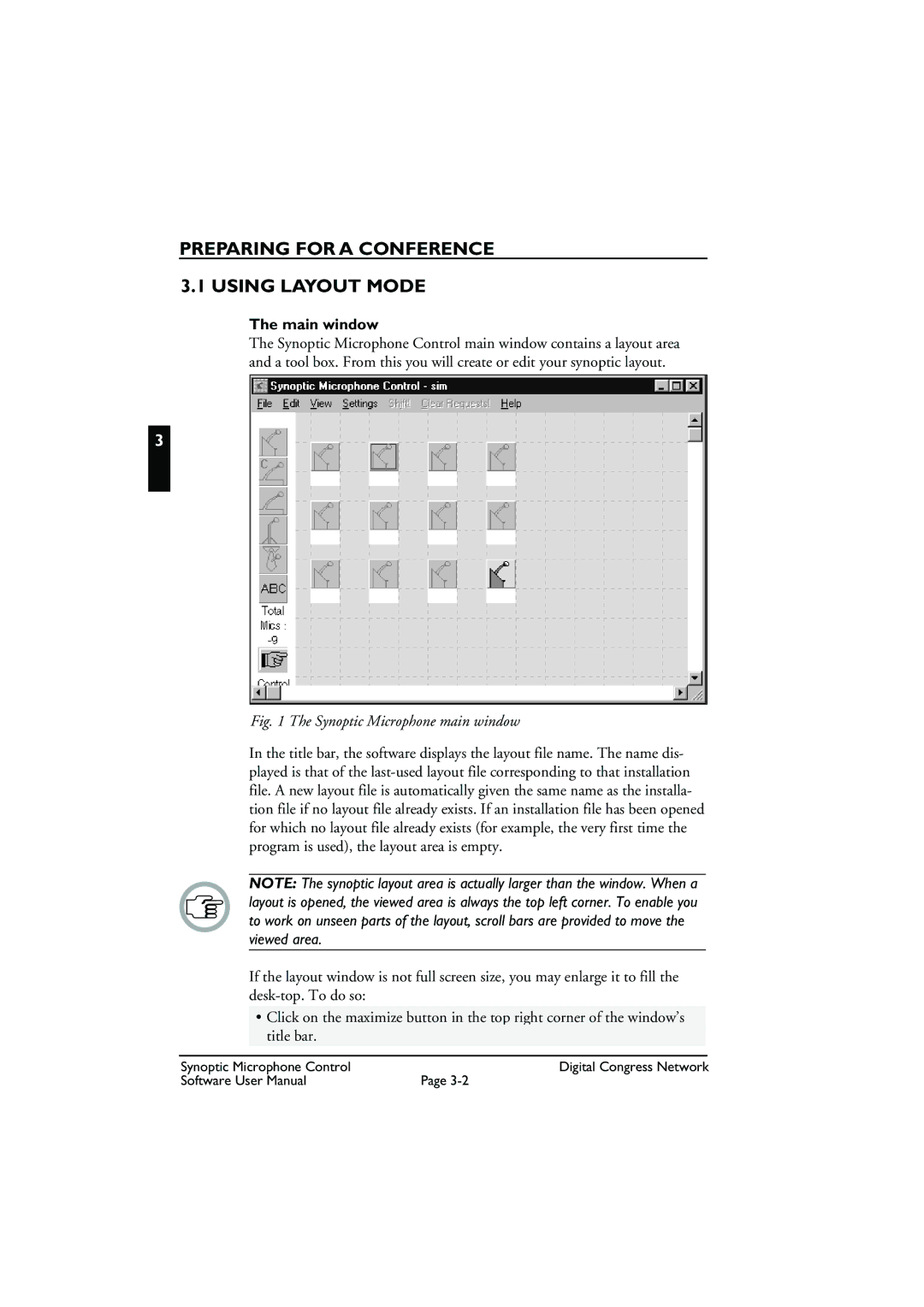 Bosch Appliances DCN Synoptic Microphone Control user manual Preparing for a Conference Using Layout Mode, Main window 