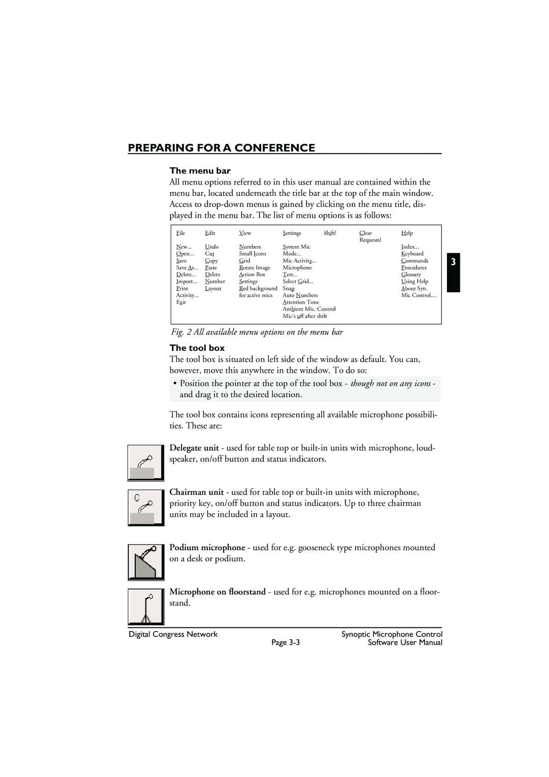 Bosch Appliances DCN Synoptic Microphone Control user manual Preparing for a Conference, Menu bar, Tool box 