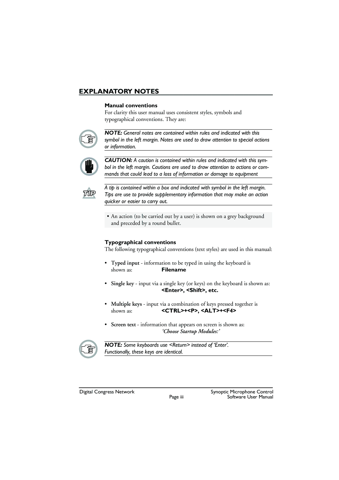 Bosch Appliances DCN Synoptic Microphone Control Manual conventions, Typographical conventions, Enter, Shift, etc 