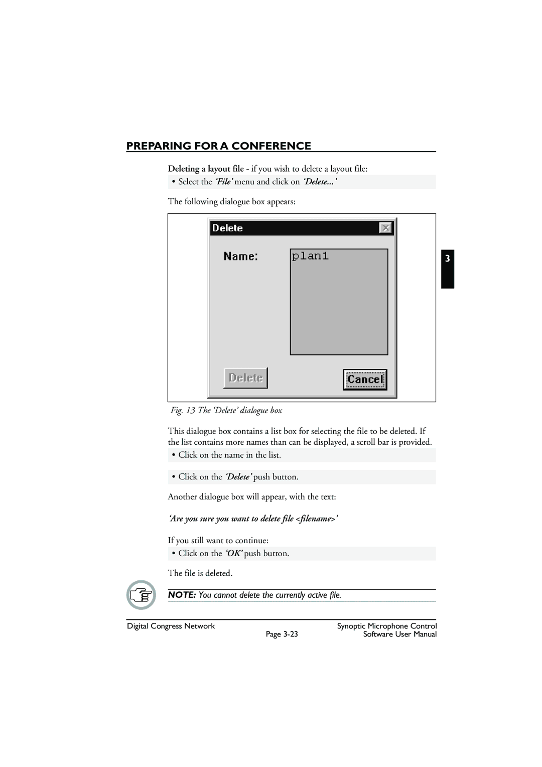 Bosch Appliances DCN Synoptic Microphone Control ‘Delete’ dialogue box, ‘Are you sure you want to delete file filename’ 