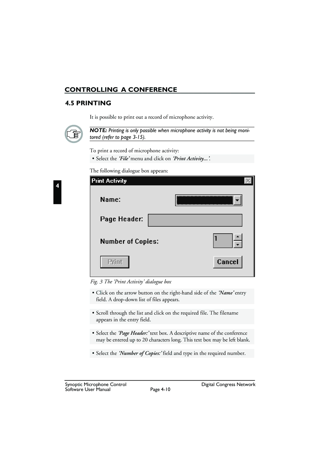 Bosch Appliances DCN Synoptic Microphone Control Controlling a Conference Printing, ‘Print Activity’ dialogue box 