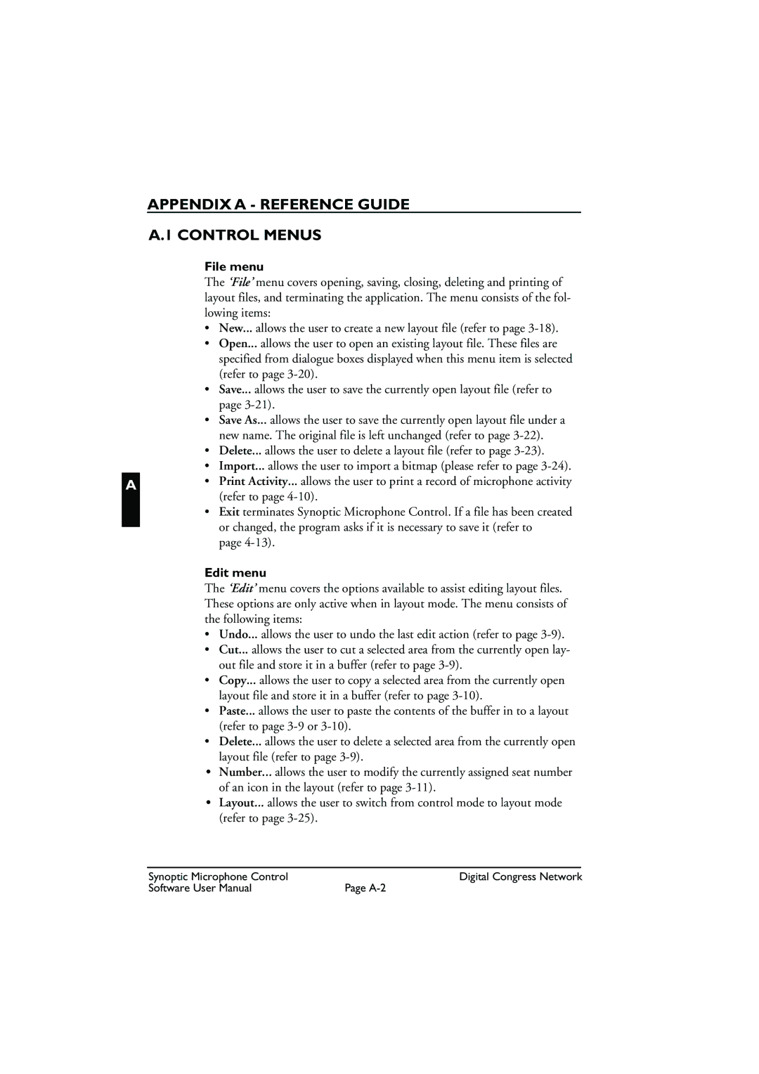 Bosch Appliances DCN Synoptic Microphone Control user manual Appendix a Reference Guide Control Menus, File menu, Edit menu 