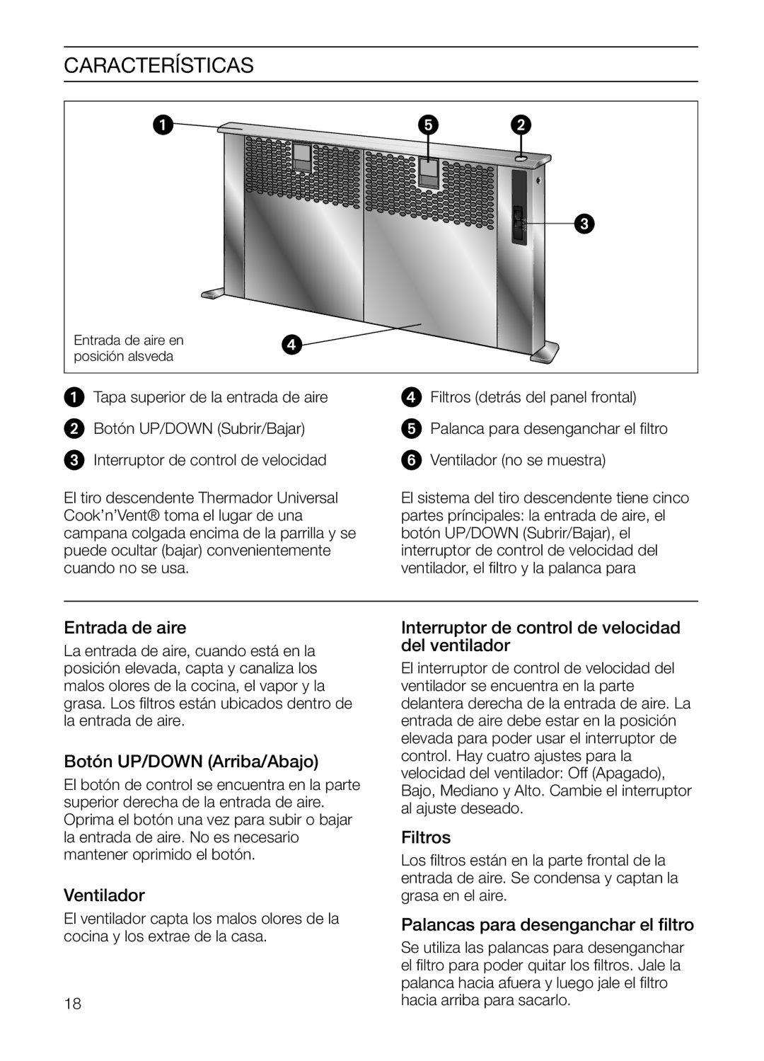 Bosch Appliances DHD Series manual Entrada de aire, Botón UP/DOWN Arriba/Abajo, Ventilador, Filtros 