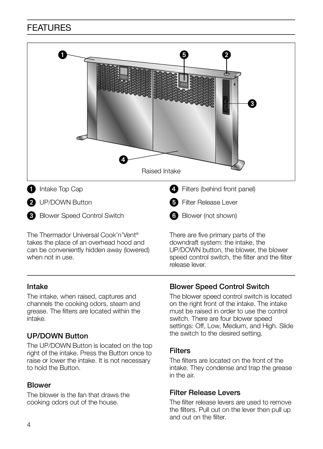 Bosch Appliances DHD Series manual Intake, UP/DOWN Button, Blower Speed Control Switch, Filters, Filter Release Levers 