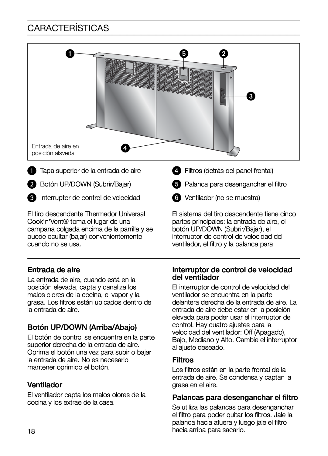 Bosch Appliances DHD Series manual Características, Entrada de aire, Botón UP/DOWN Arriba/Abajo, Ventilador, Filtros 