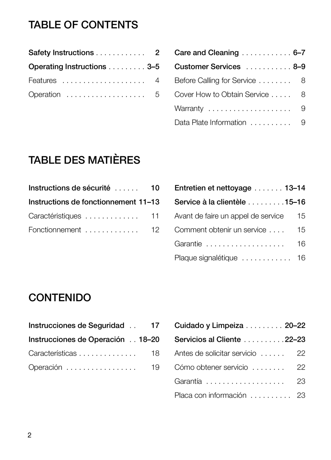 Bosch Appliances DHD Series manual Table Of Contents, CONTENIDOInhaltsverzeichnis, Table Des Matières 