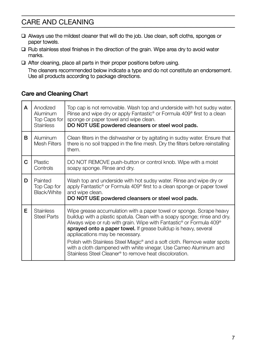 Bosch Appliances DHD Series manual Care and Cleaning Chart, Care And Cleaning 