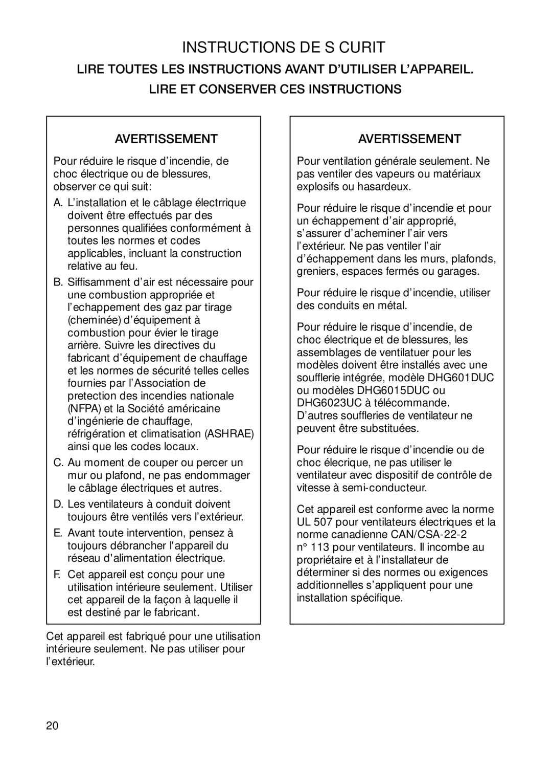 Bosch Appliances DHG601DUC, DHG6015DUC, DHG6023UC manual Instructions DE Sécurité 