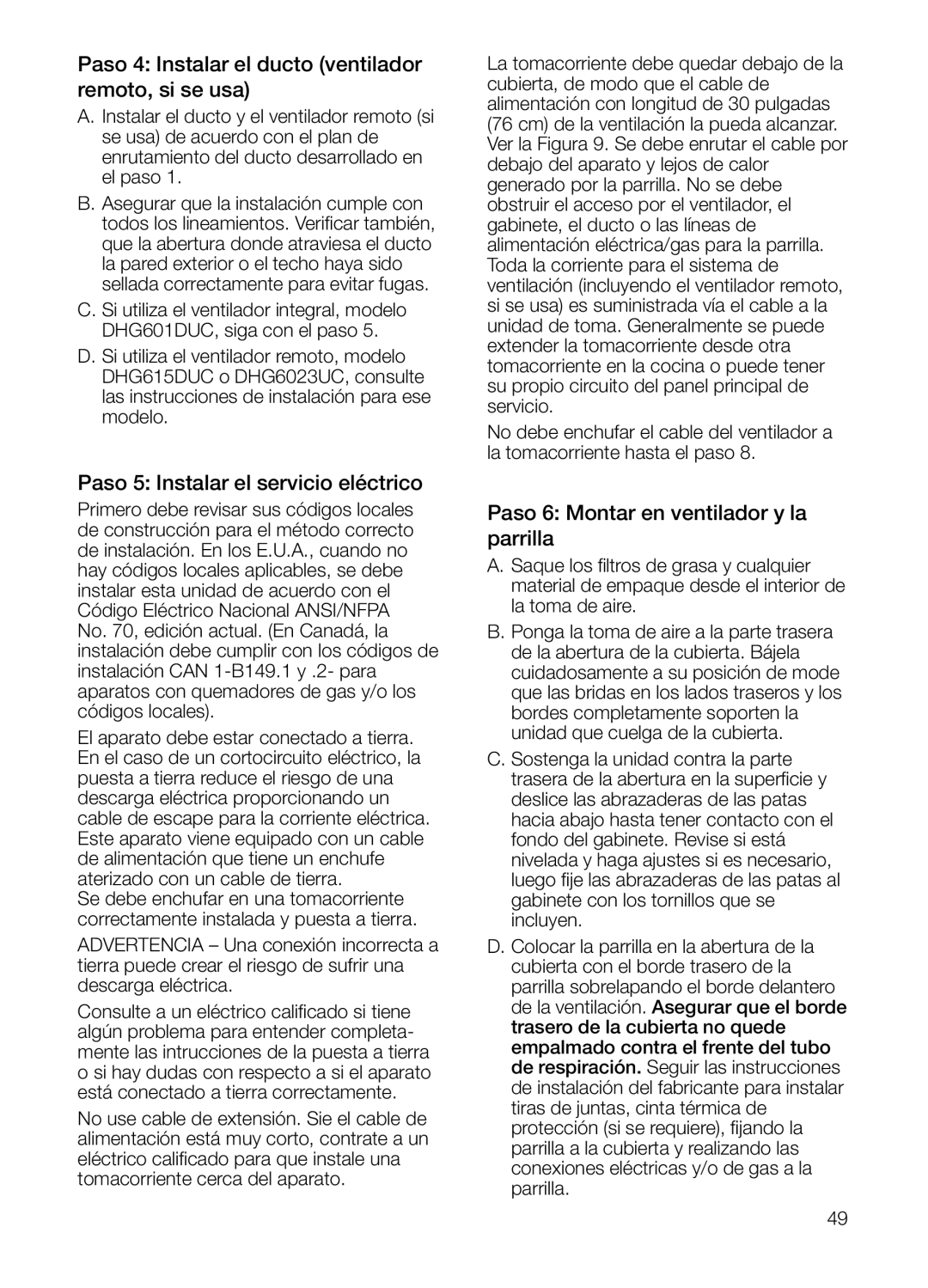 Bosch Appliances DHG6023UC Paso 4 Instalar el ducto ventilador remoto, si se usa, Paso 5 Instalar el servicio eléctrico 