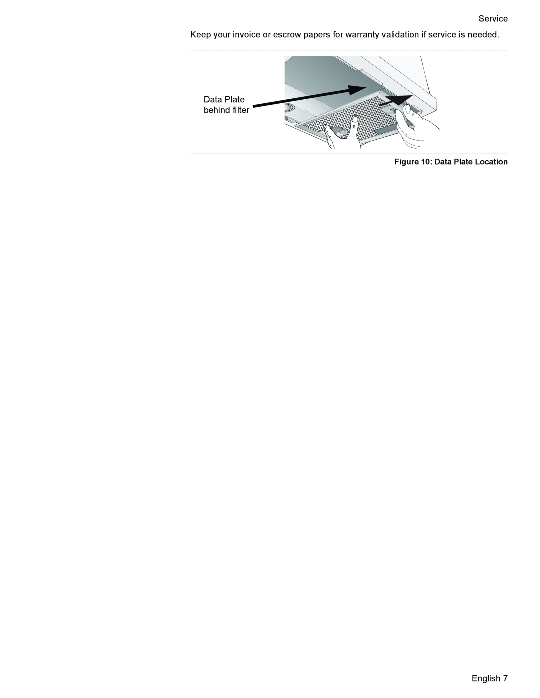 Bosch Appliances DHL 755 B installation manual Service, behind filter, English, Data Plate Location 