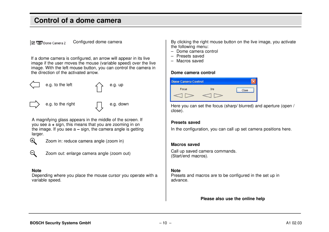 Bosch Appliances DiBos Control of a dome camera, Dome camera control, Macros saved, Please also use the online help 