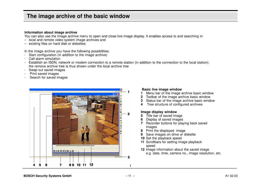 Bosch Appliances DiBos Image archive of the basic window, Information about image archive, Image display window 