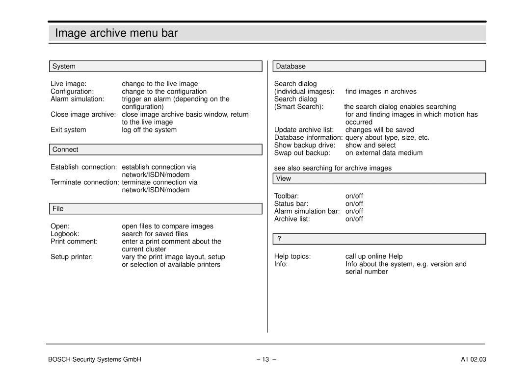 Bosch Appliances DiBos operating instructions Image archive menu bar, Connect, File, Database 