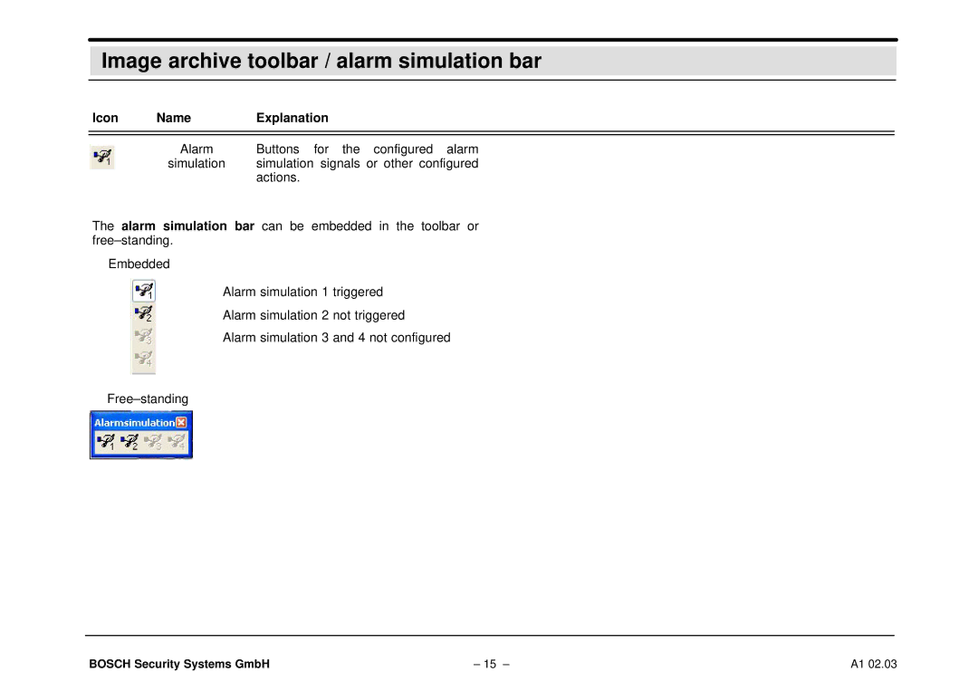 Bosch Appliances DiBos operating instructions Image archive toolbar / alarm simulation bar 