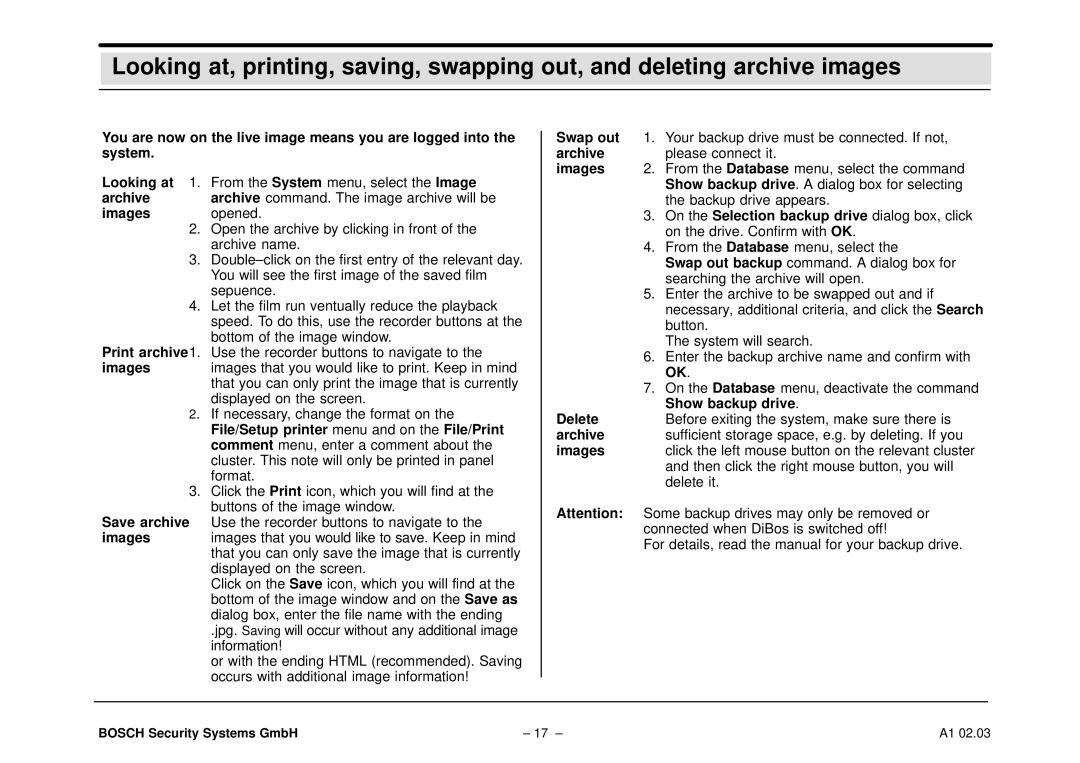 Bosch Appliances DiBos operating instructions Images opened, Archive, Show backup drive, Delete 