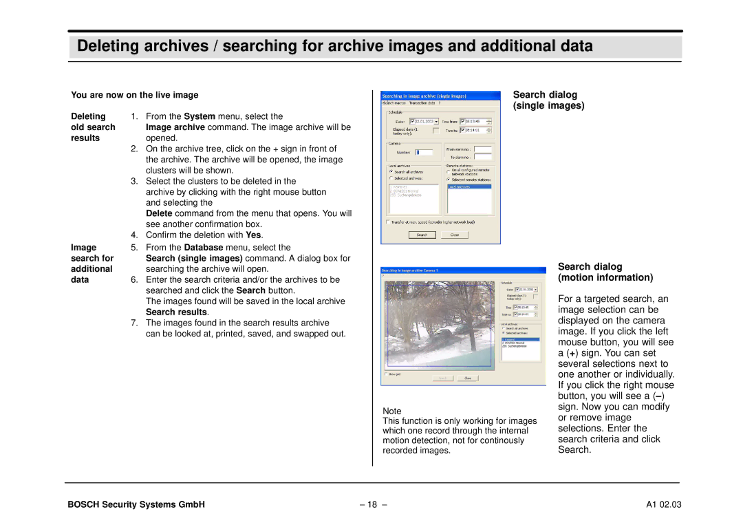 Bosch Appliances DiBos operating instructions Search dialog single images, Search dialog motion information 